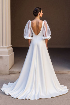 Ivory Satin V-Neck Puff Sleeves A Line Sweep Train Wedding Dress