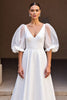 Load image into Gallery viewer, Ivory Satin V-Neck Puff Sleeves A Line Sweep Train Wedding Dress