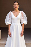 Load image into Gallery viewer, Ivory Satin V-Neck Puff Sleeves A Line Sweep Train Wedding Dress