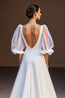 Load image into Gallery viewer, Ivory Satin V-Neck Puff Sleeves A Line Sweep Train Wedding Dress
