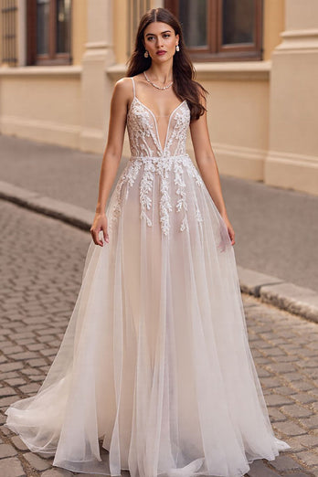 Ivory Boho Deep V-Neck Tulle Sweep Train Wedding Dress with Appliques
