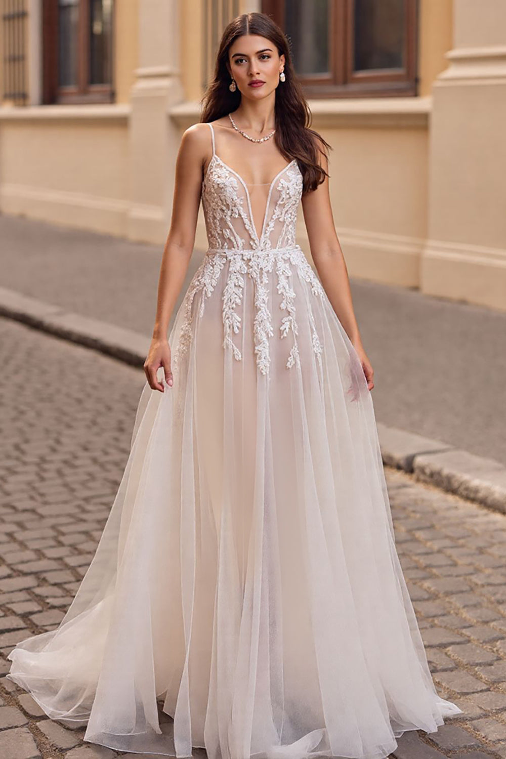 Ivory Boho Deep V-Neck Tulle Sweep Train Wedding Dress with Appliques