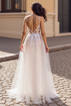 Ivory Boho Deep V-Neck Tulle Sweep Train Wedding Dress with Appliques