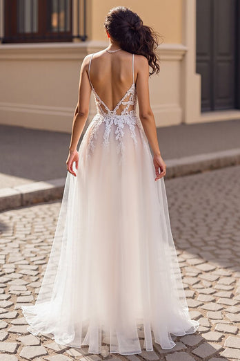 Ivory Boho Deep V-Neck Tulle Sweep Train Wedding Dress with Appliques