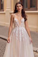 Load image into Gallery viewer, Ivory Boho Deep V-Neck Tulle Sweep Train Wedding Dress with Appliques