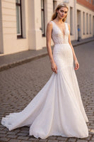 Load image into Gallery viewer, Ivory Chiffon Mermaid Sweep Train Wedding Dress with Lace