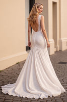Load image into Gallery viewer, Ivory Chiffon Mermaid Sweep Train Wedding Dress with Lace