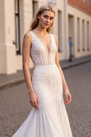 Load image into Gallery viewer, Ivory Chiffon Mermaid Sweep Train Wedding Dress with Lace