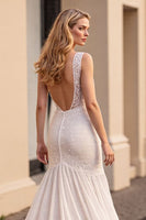 Load image into Gallery viewer, Ivory Chiffon Mermaid Sweep Train Wedding Dress with Lace