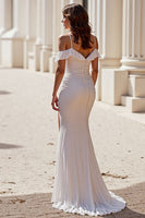 Load image into Gallery viewer, Ivory Ruched Mermaid Chiffon Sweep Train Wedding Dress with Slit