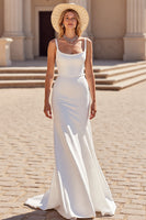 Load image into Gallery viewer, Ivory Satin Boho Sheath Sweep Train Wedding Dress