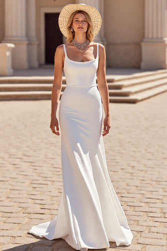 Ivory Satin Boho Sheath Sweep Train Wedding Dress