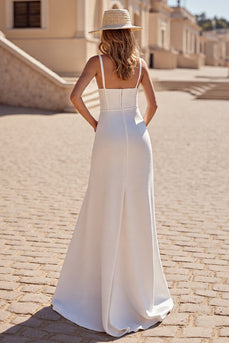 Ivory Satin Boho Sheath Sweep Train Wedding Dress