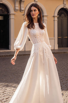 Ivory Satin A Line Half Sleeves Vintage Corset Wedding Dress with Appliques