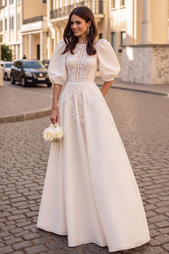 Ivory Satin A Line Half Sleeves Vintage Corset Wedding Dress with Appliques