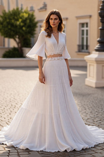 Ivory Chiffon Boho 2 Piece Half Sleeves Sweep Train Wedding Dress