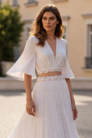 Load image into Gallery viewer, Ivory Chiffon Boho 2 Piece Half Sleeves Sweep Train Wedding Dress