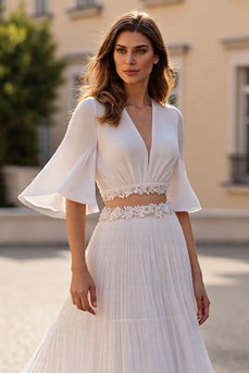 Ivory Chiffon Boho 2 Piece Half Sleeves Sweep Train Wedding Dress