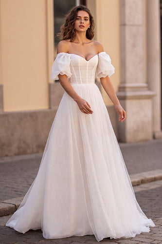 Ivory Tulle Puff Sleeves A Line Corset Wedding Dress