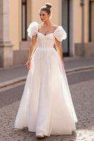 Load image into Gallery viewer, Ivory Tulle Puff Sleeves A Line Corset Wedding Dress