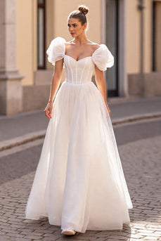 Ivory Tulle Puff Sleeves A Line Corset Wedding Dress
