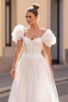 Load image into Gallery viewer, Ivory Tulle Puff Sleeves A Line Corset Wedding Dress