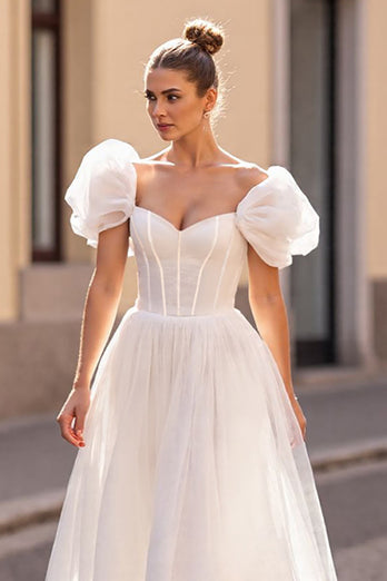 Ivory Tulle Puff Sleeves A Line Corset Wedding Dress