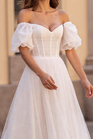 Load image into Gallery viewer, Ivory Tulle Puff Sleeves A Line Corset Wedding Dress