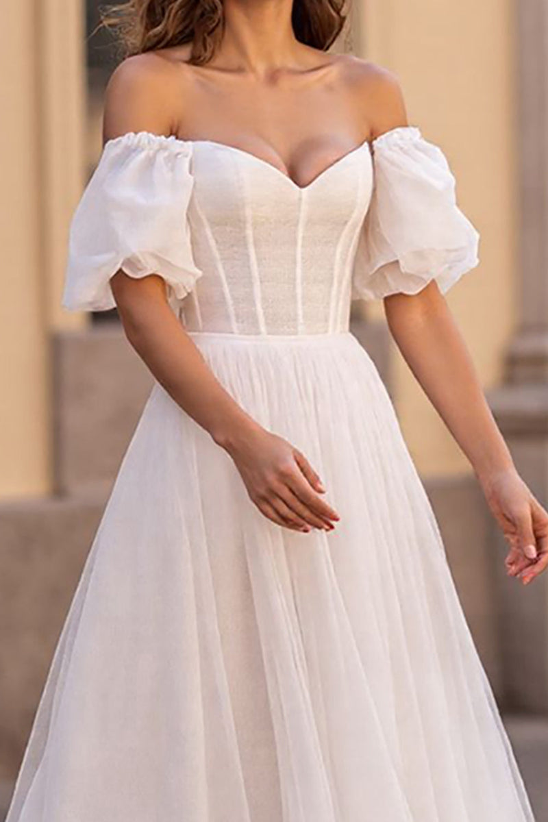 Load image into Gallery viewer, Ivory Tulle Puff Sleeves A Line Corset Wedding Dress
