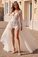 Load image into Gallery viewer, Women Ivory Tulle Long Sleeves Corset Wedding Dress Watteau Train Bridal Dress with Lace