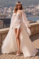 Load image into Gallery viewer, Ivory Watteau Train Tulle Long Sleeves Corset Wedding Dress with Lace