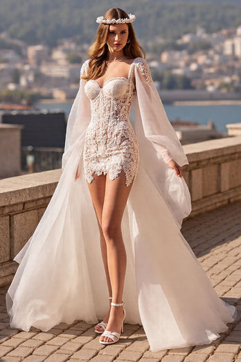 Ivory Watteau Train Tulle Long Sleeves Corset Wedding Dress with Lace