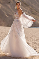 Load image into Gallery viewer, Ivory Backless Tulle Sweep Train Wedding Dress with Sleeves