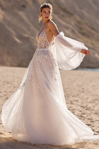 Ivory Backless Tulle Sweep Train Wedding Dress with Sleeves