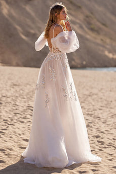 Ivory Backless Tulle Sweep Train Wedding Dress with Sleeves