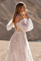 Load image into Gallery viewer, Ivory Backless Tulle Sweep Train Wedding Dress with Sleeves