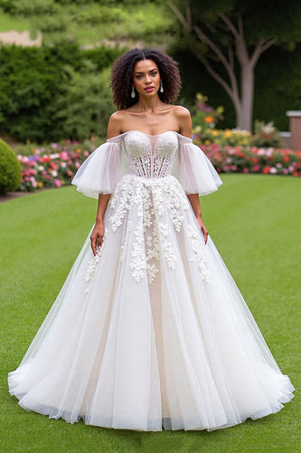 Ivory Tulle Ruffled A-Line Sweep Train Corset Wedding Dress with Sleeves