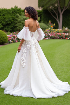 Ivory Tulle Ruffled A-Line Sweep Train Corset Wedding Dress with Sleeves