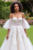 Load image into Gallery viewer, Ivory Tulle Ruffled A-Line Sweep Train Corset Wedding Dress with Sleeves