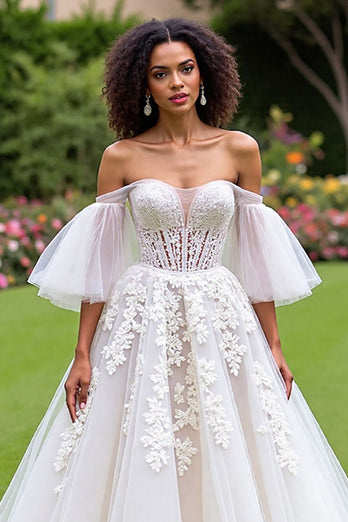 Ivory Tulle Ruffled A-Line Sweep Train Corset Wedding Dress with Sleeves