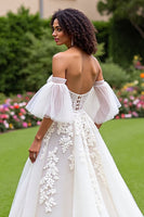 Load image into Gallery viewer, Ivory Tulle Ruffled A-Line Sweep Train Corset Wedding Dress with Sleeves