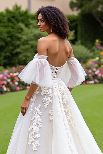 Ivory Tulle Ruffled A-Line Sweep Train Corset Wedding Dress with Sleeves