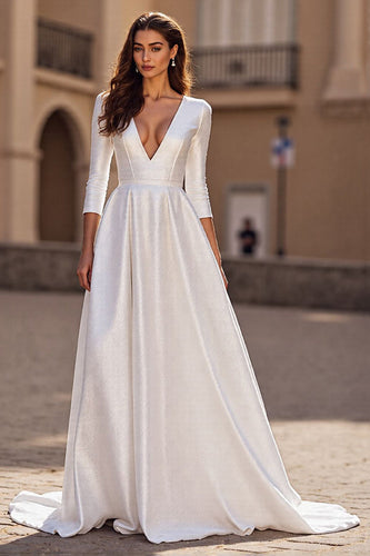 Simple Satin Ivory V-Neck 3/4 Sleeves A Line Sweep Train Wedding Dress