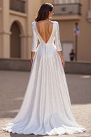 Load image into Gallery viewer, Simple Satin Ivory V-Neck 3/4 Sleeves A Line Sweep Train Wedding Dress