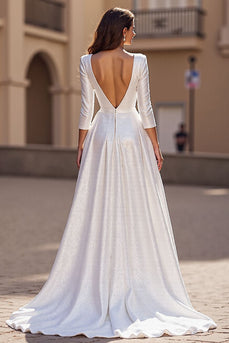 Simple Satin Ivory V-Neck 3/4 Sleeves A Line Sweep Train Wedding Dress