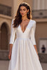 Load image into Gallery viewer, Simple Satin Ivory V-Neck 3/4 Sleeves A Line Sweep Train Wedding Dress