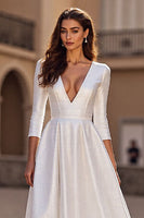 Load image into Gallery viewer, Simple Satin Ivory V-Neck 3/4 Sleeves A Line Sweep Train Wedding Dress