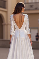 Load image into Gallery viewer, Simple Satin Ivory V-Neck 3/4 Sleeves A Line Sweep Train Wedding Dress