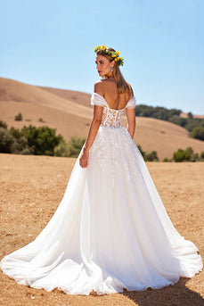 Ivory A-Line Sweep Train Tulle Corset Wedding Dress with Lace