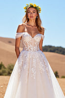 Load image into Gallery viewer, Ivory A-Line Sweep Train Tulle Corset Wedding Dress with Lace